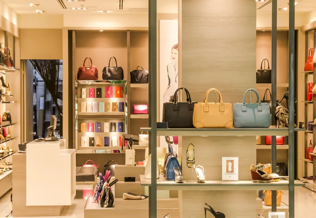 Interior de boutique de lujo con reloj de diamantes en exhibidor